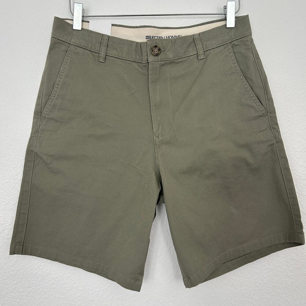 Selected Homme Men's Olive Bill Flex Shorts Sz. Medium Flat Front Organic Cotton